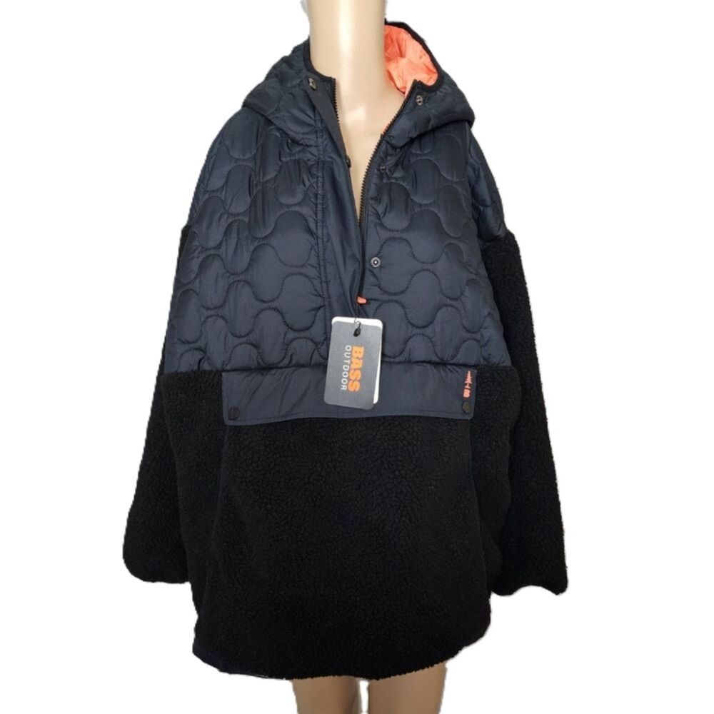 Bass Outdoor Black Quilted Sherpa Fleece Hooded Anorak Jacket Large NWT